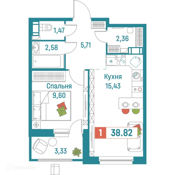 Планировка 1 комн. в ЖК "Графика"