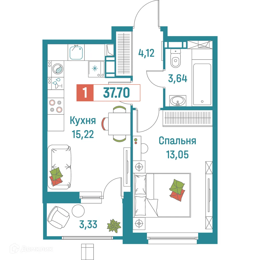 Планировка 1-комнатной квартиры 37.7 м² в ЖК "Графика", г. Мурино — фото 1