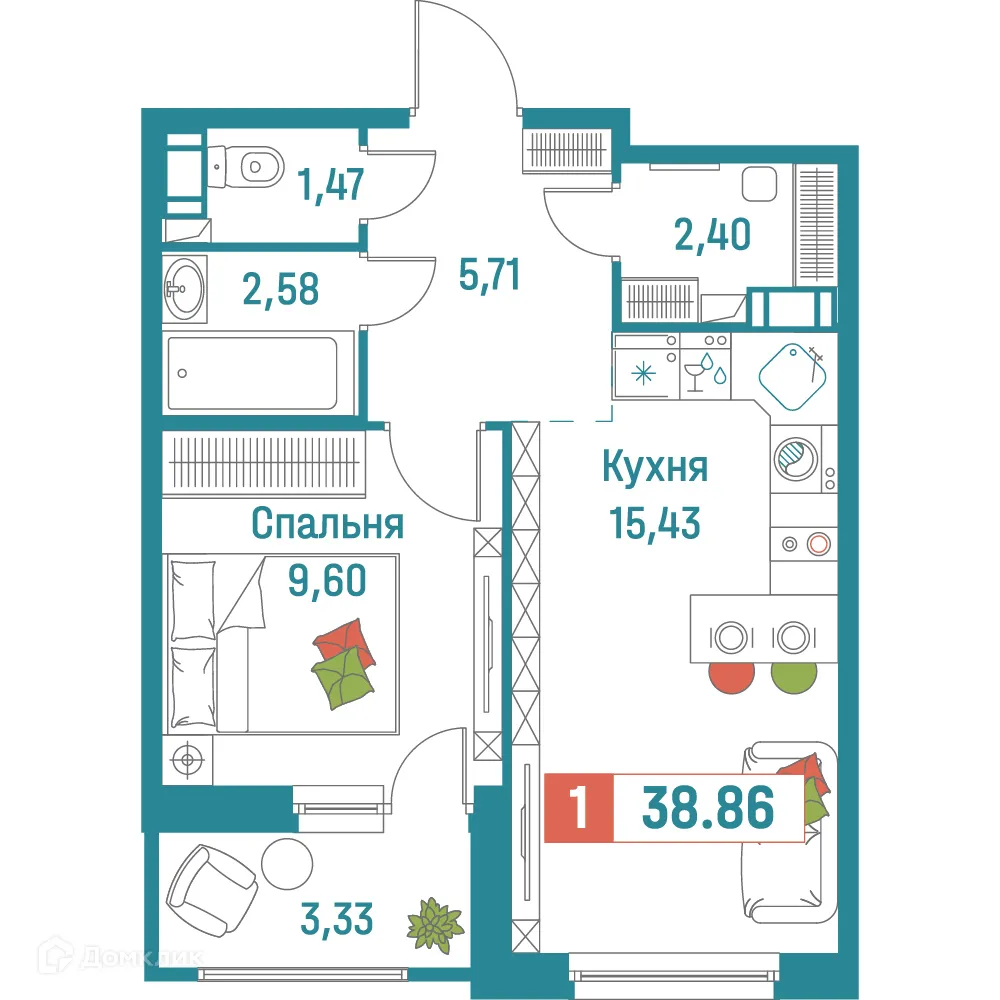Планировка 1-комнатной квартиры 38.86 м² в ЖК "Графика", г. Мурино — фото 1