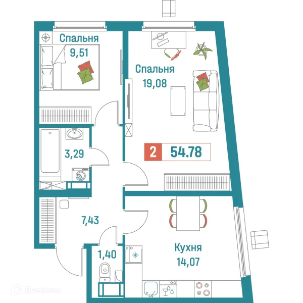 Планировка 2 комн. в ЖК "Графика"