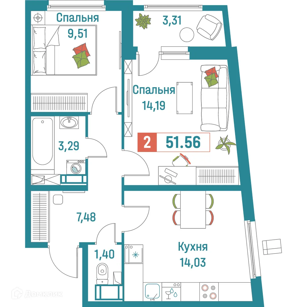 Планировка 2-комнатной квартиры 51.56 м² в ЖК "Графика", г. Мурино — фото 1