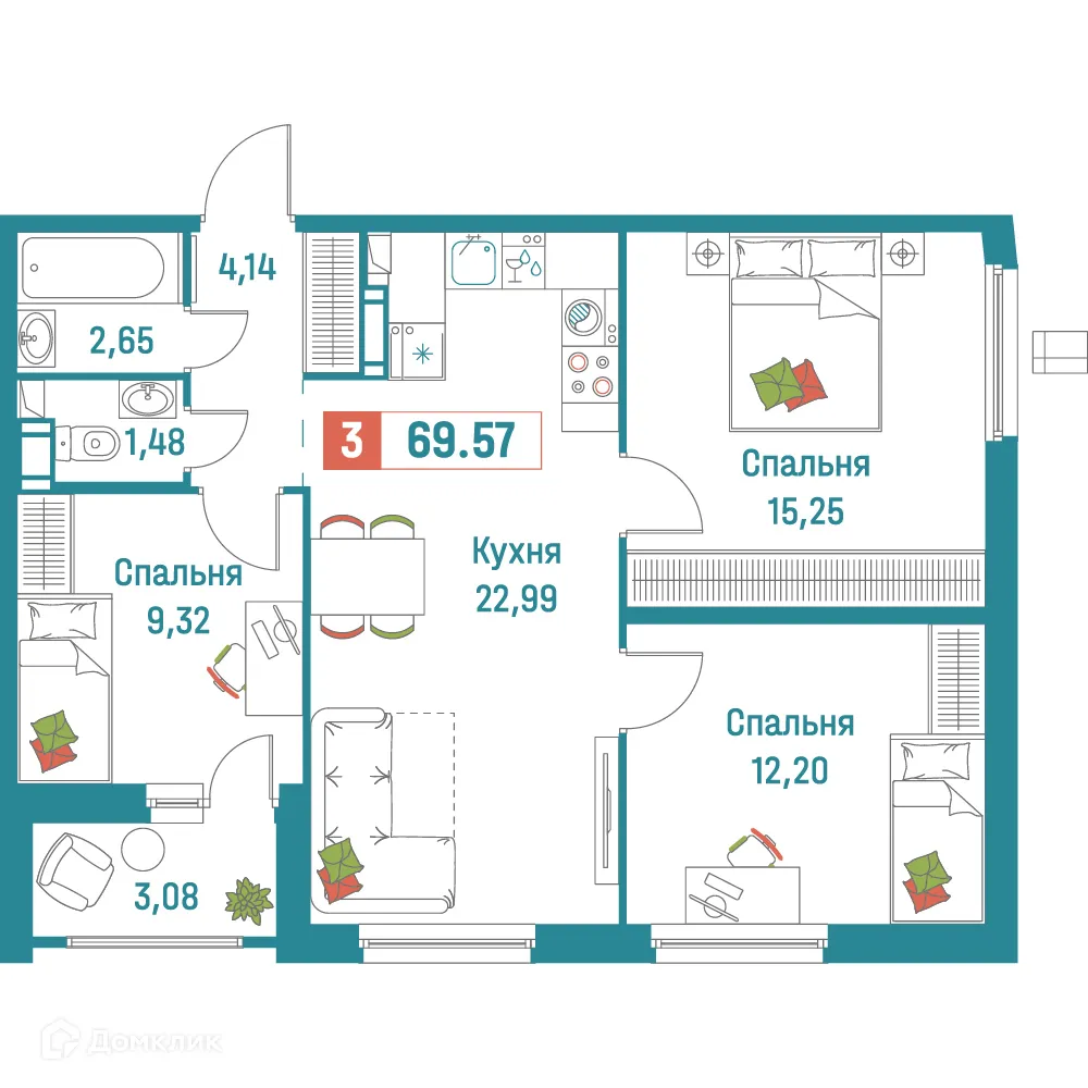 Планировка 3-комнатной квартиры 69.57 м² в ЖК "Графика", г. Мурино — фото 1