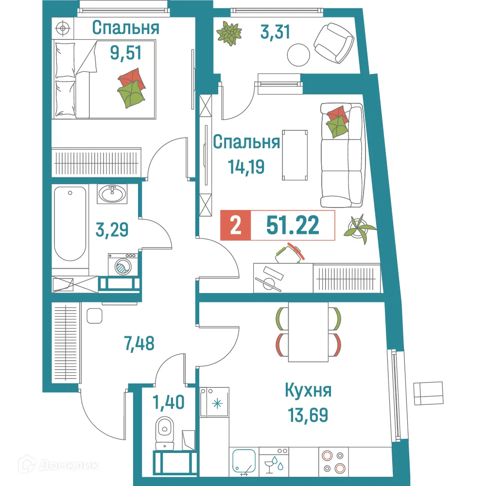 Планировка 2-комнатной квартиры 51.22 м² в ЖК "Графика", г. Мурино — фото 1
