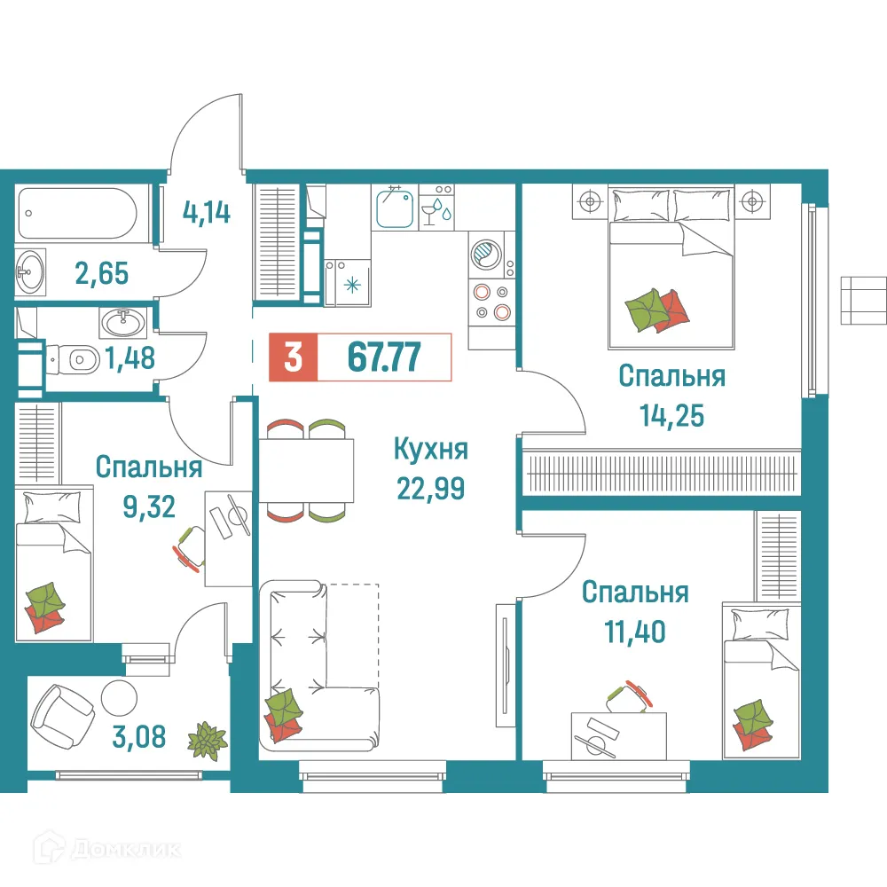 Планировка 3-комнатной квартиры 67.77 м² в ЖК "Графика", г. Мурино — фото 1