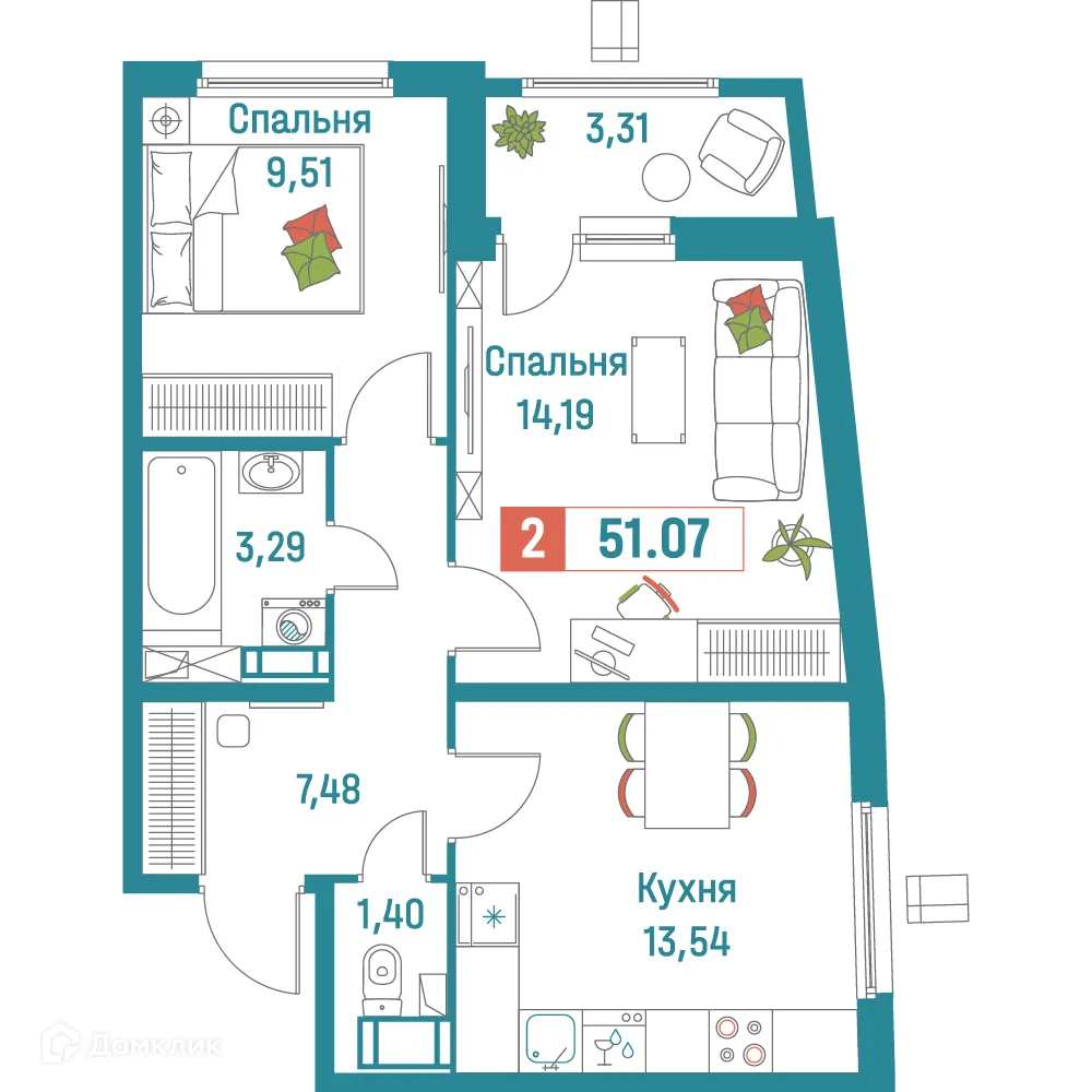Планировка 2-комнатной квартиры 51.07 м² в ЖК "Графика", г. Мурино — фото 1