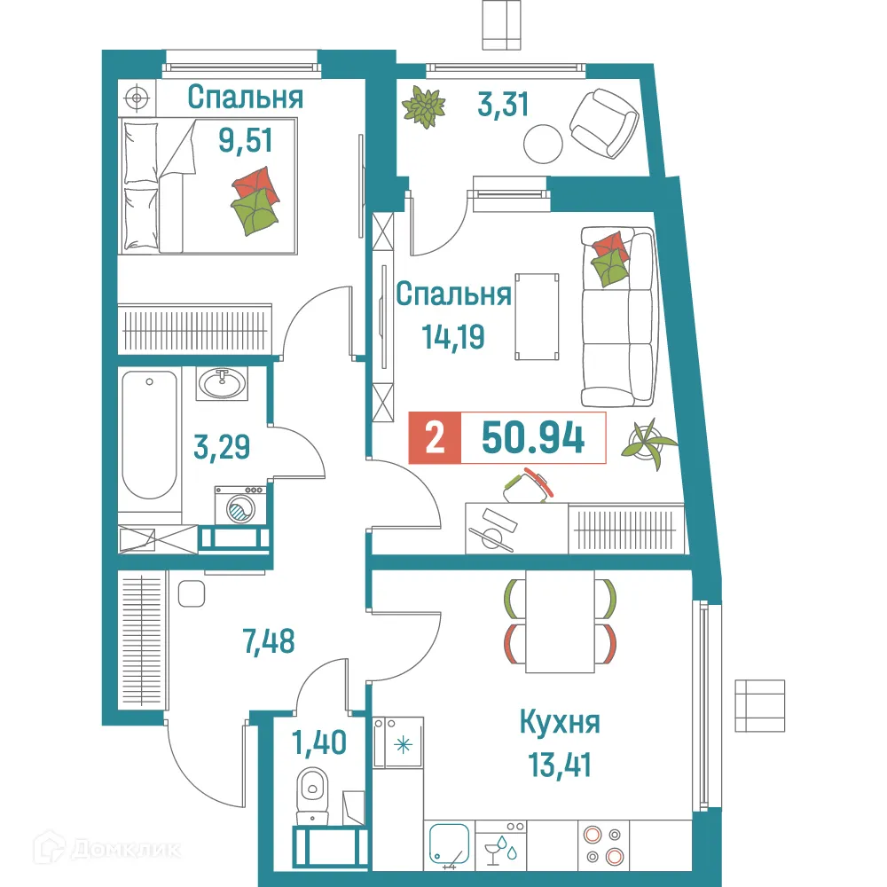 Планировка 2-комнатной квартиры 50.94 м² в ЖК "Графика", г. Мурино — фото 1