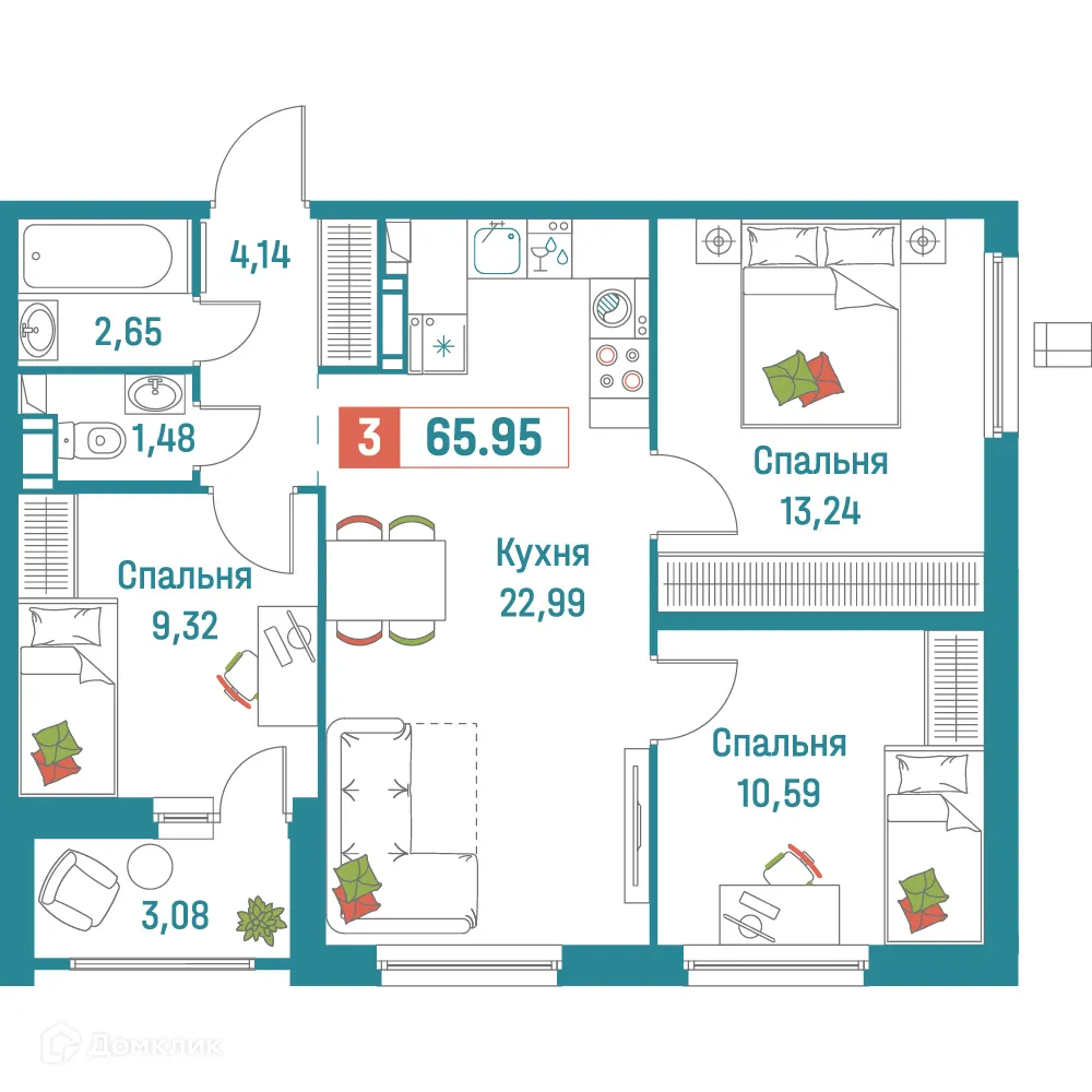 Планировка 3-комнатной квартиры 65.95 м² в ЖК "Графика", г. Мурино — фото 1