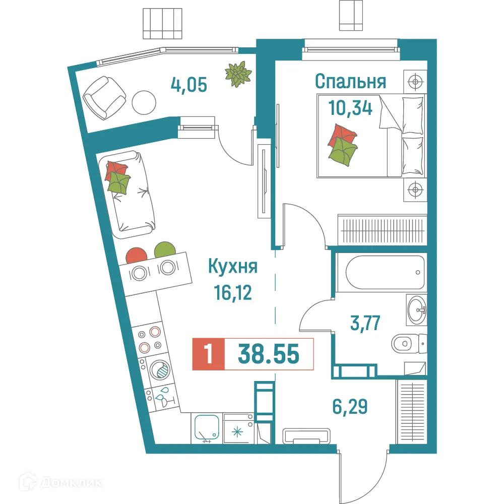 Планировка 1-комнатной квартиры 38.55 м² в ЖК "Графика", г. Мурино — фото 1