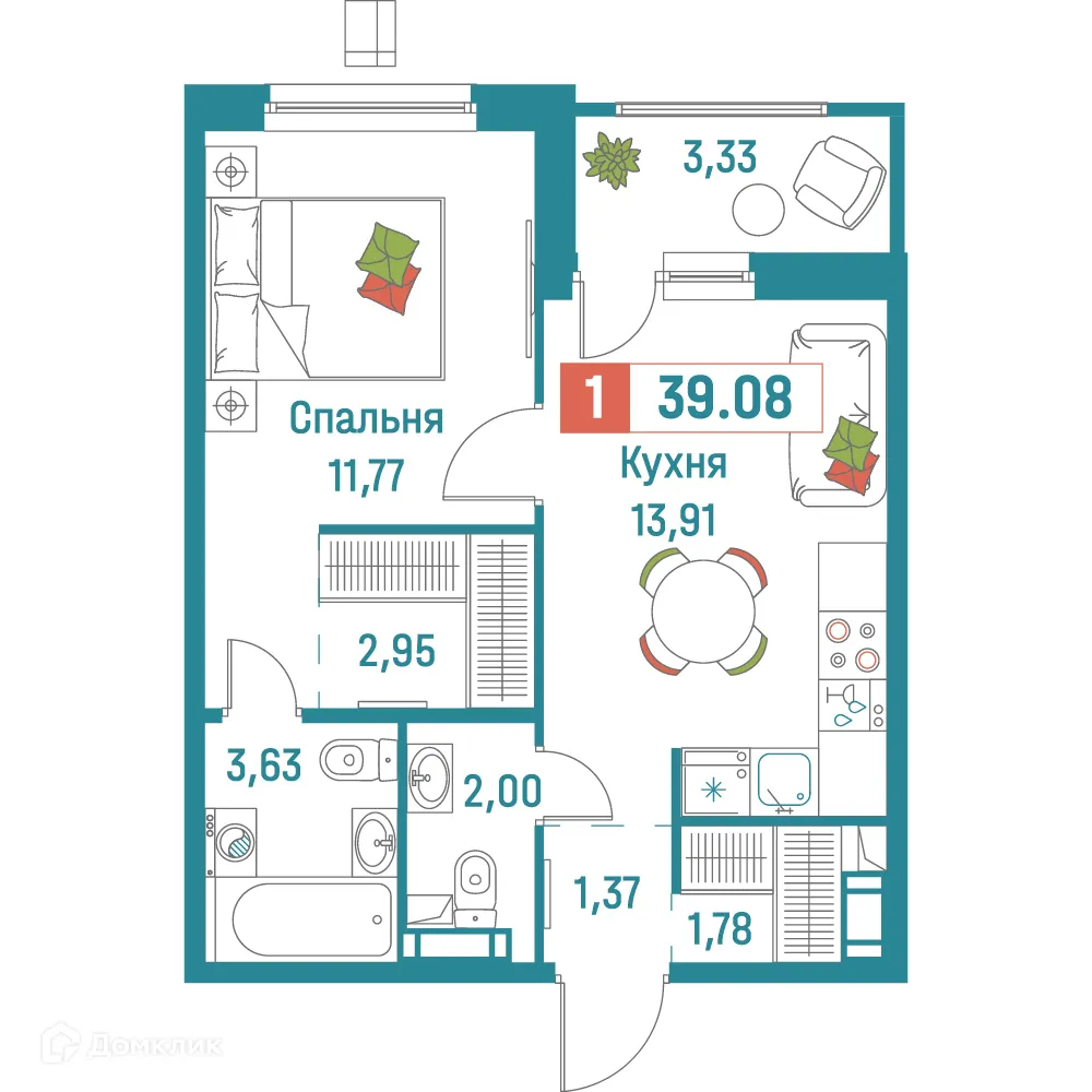 Планировка 1-комнатной квартиры 39.08 м² в ЖК "Графика", г. Мурино — фото 1