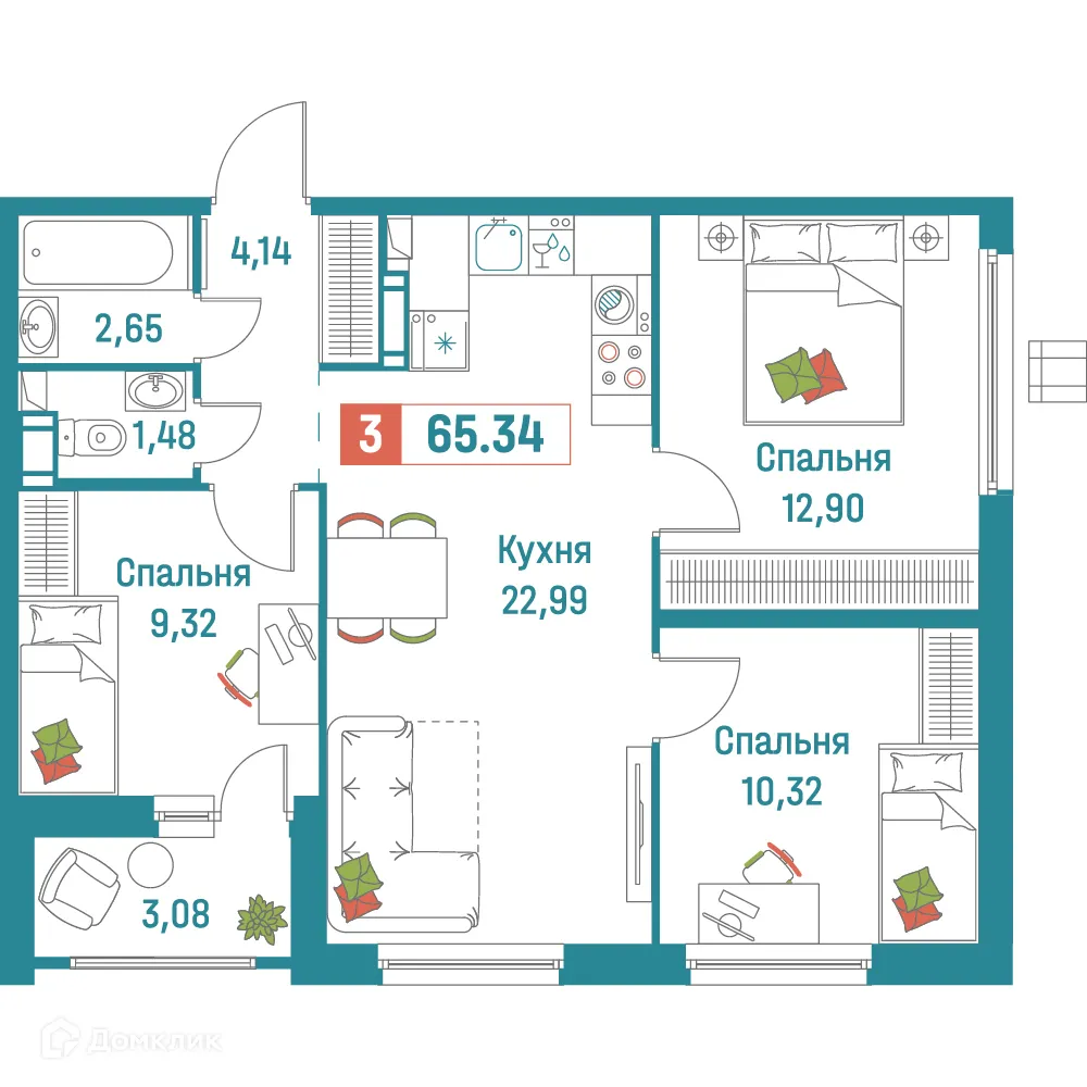 Планировка 3-комнатной квартиры 65.34 м² в ЖК "Графика", г. Мурино — фото 1