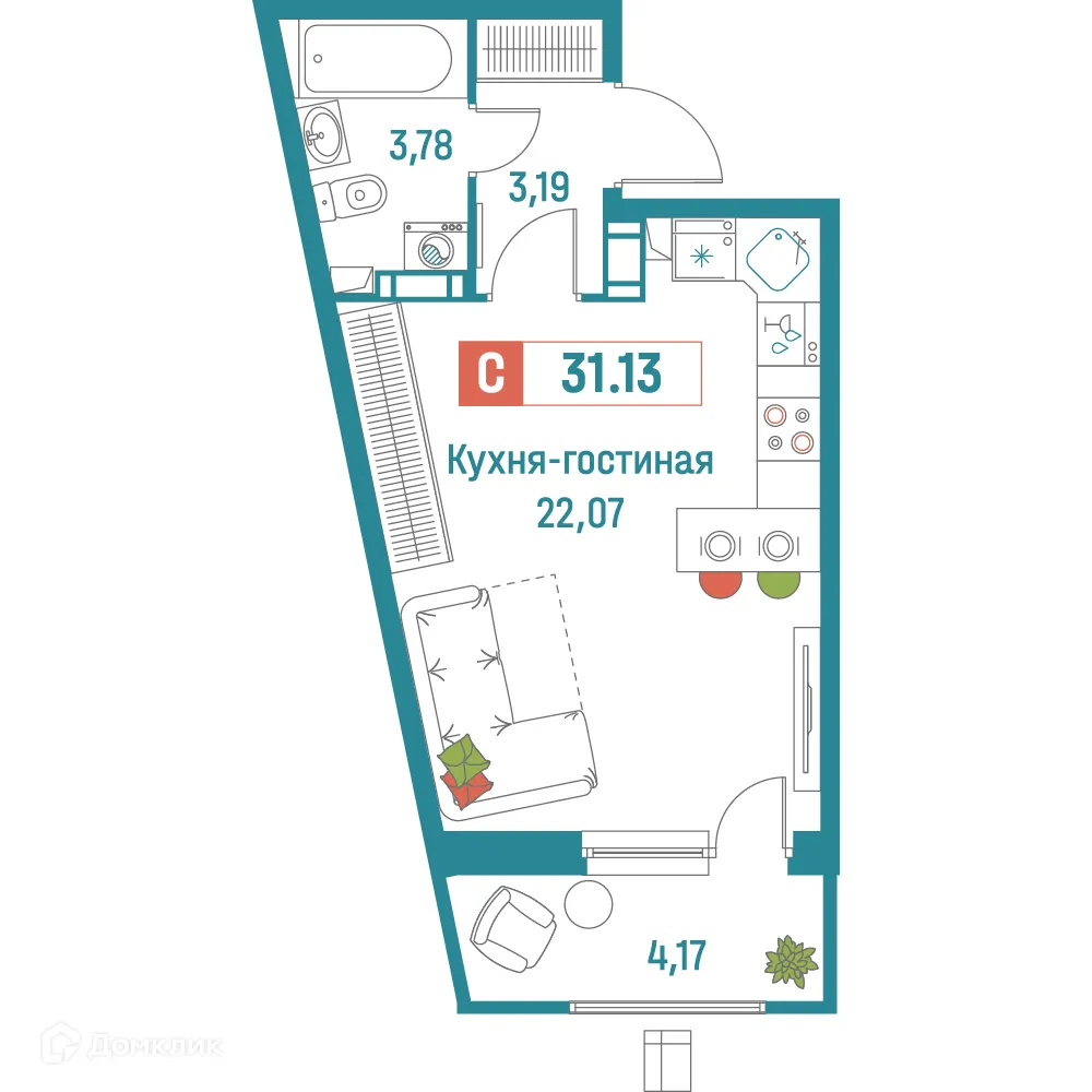 Планировка студии квартиры 31.13 м² в ЖК "Графика", г. Мурино — фото 1