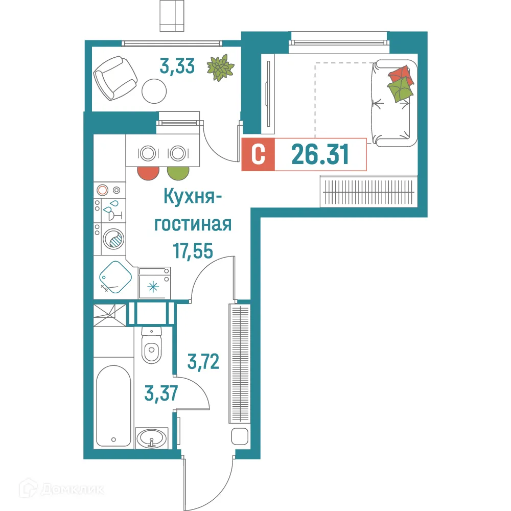Планировка студии квартиры 26.31 м² в ЖК "Графика", г. Мурино — фото 1