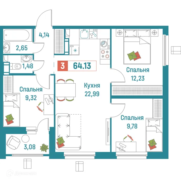 Планировка 3 комн. в ЖК "Графика"