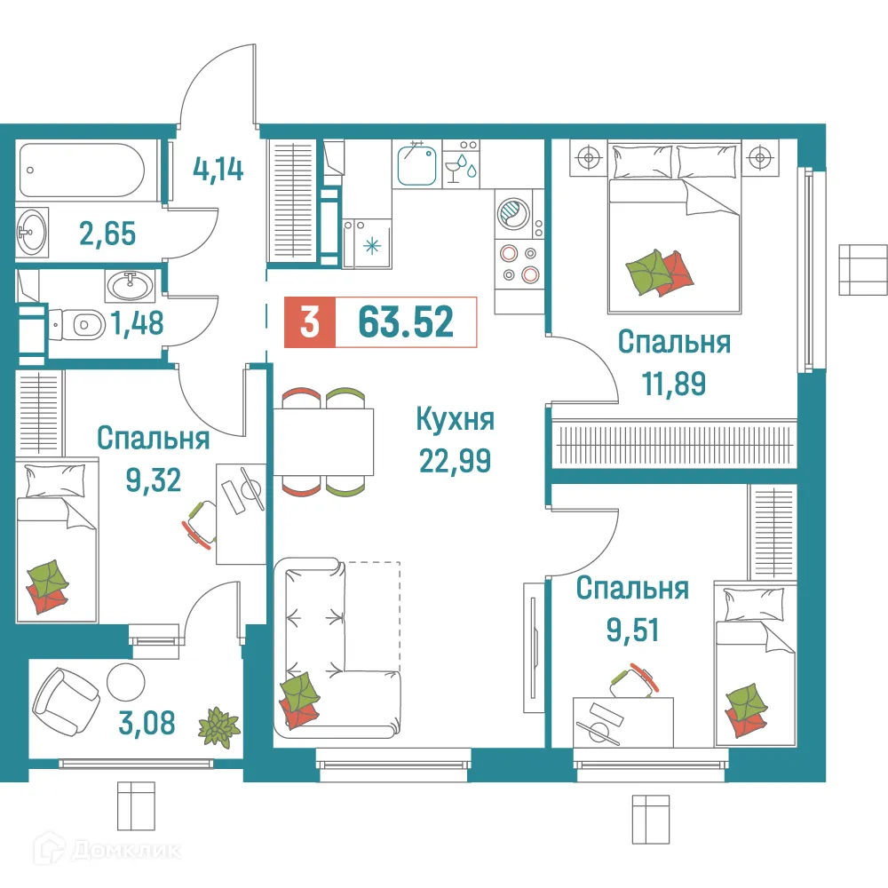 Планировка 3-комнатной квартиры 63.52 м² в ЖК "Графика", г. Мурино — фото 1