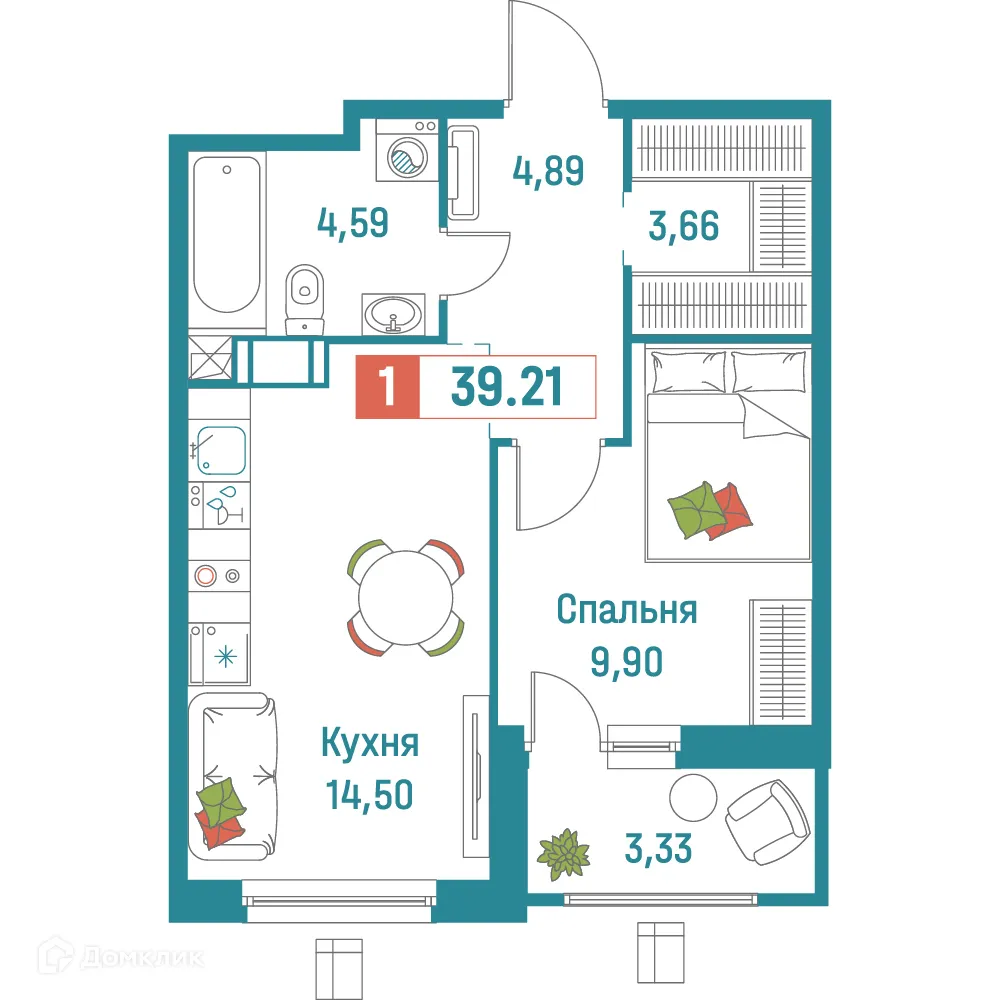 Планировка 1-комнатной квартиры 39.21 м² в ЖК "Графика", г. Мурино — фото 1