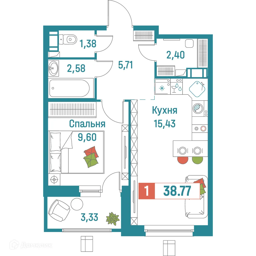 Планировка 1-комнатной квартиры 38.77 м² в ЖК "Графика", г. Мурино — фото 1