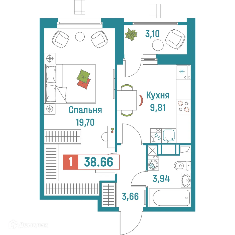 Планировка 1-комнатной квартиры 38.66 м² в ЖК "Графика", г. Мурино — фото 1