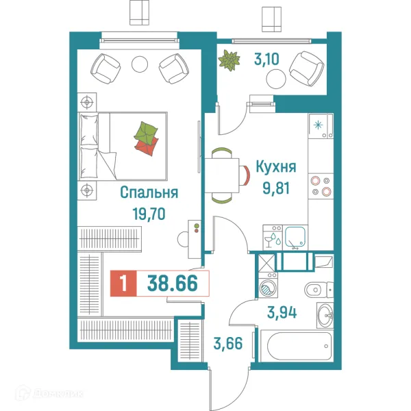Планировка 1 комн. в ЖК "Графика"