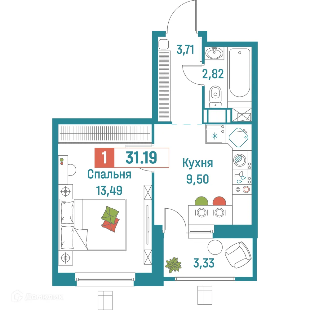 Планировка 1-комнатной квартиры 31.19 м² в ЖК "Графика", г. Мурино — фото 1