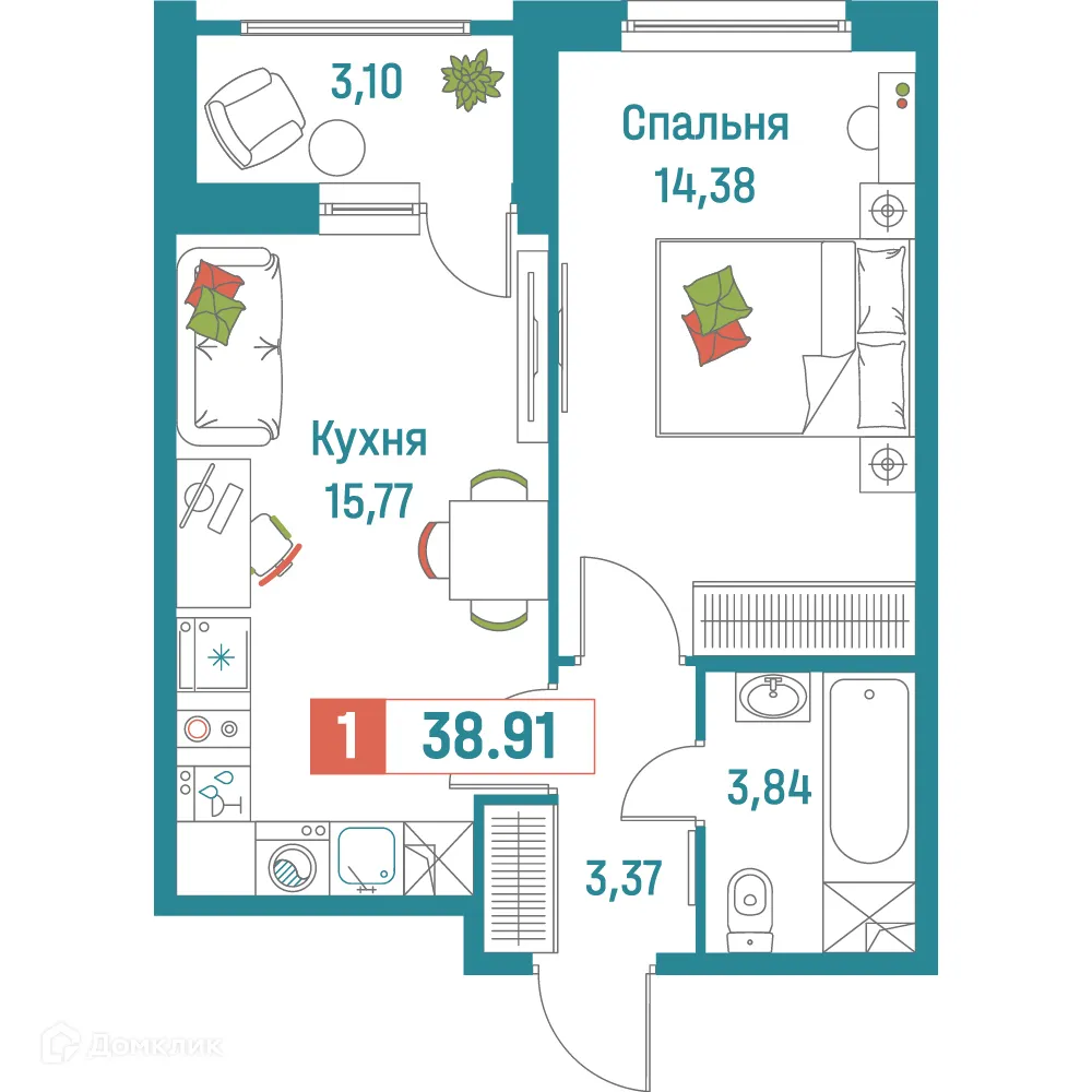 Планировка 1-комнатной квартиры 38.91 м² в ЖК "Графика", г. Мурино — фото 1