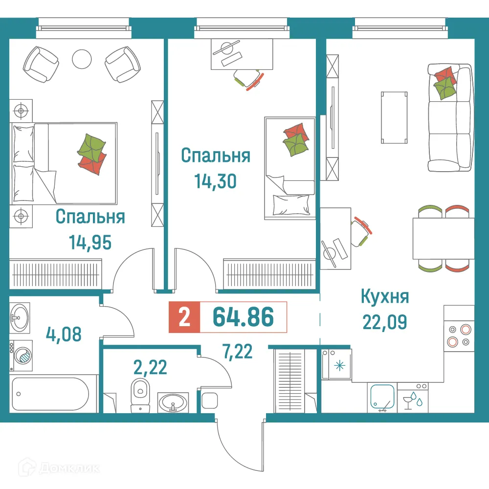 Планировка 2-комнатной квартиры 64.86 м² в ЖК "Графика", г. Мурино — фото 1