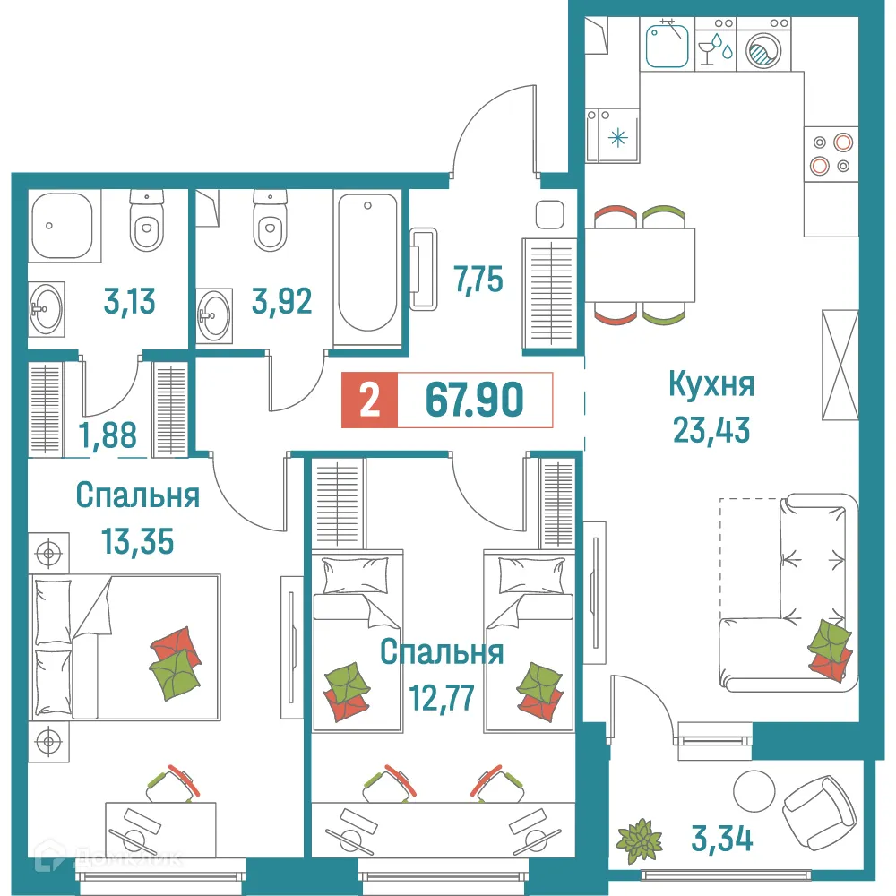 Планировка 2-комнатной квартиры 67.9 м² в ЖК "Графика", г. Мурино — фото 1