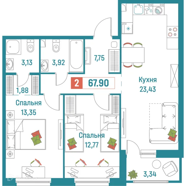 Планировка 2 комн. в ЖК "Графика"