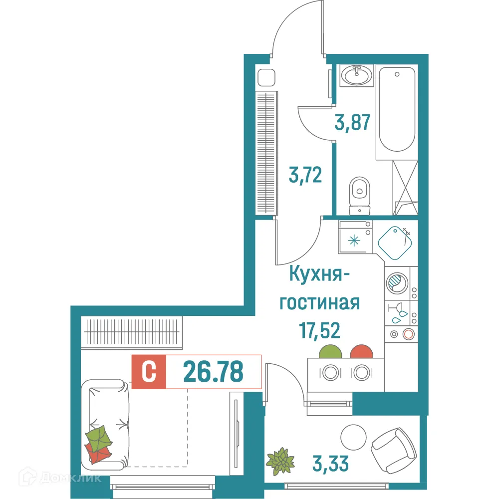 Планировка студии квартиры 26.78 м² в ЖК "Графика", г. Мурино — фото 1