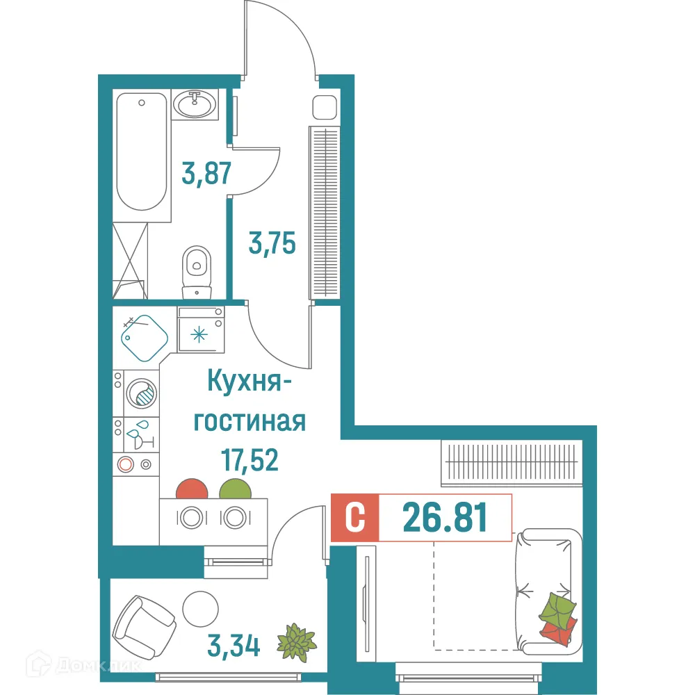 Планировка студии квартиры 26.81 м² в ЖК "Графика", г. Мурино — фото 1