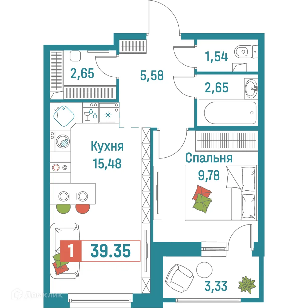 Планировка 1-комнатной квартиры 39.35 м² в ЖК "Графика", г. Мурино — фото 1