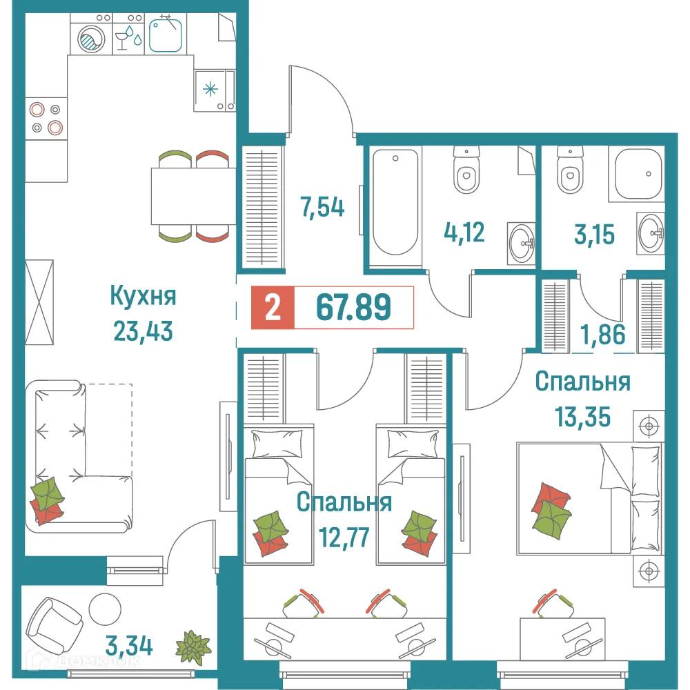 Планировка 2-комнатной квартиры 67.89 м² в ЖК "Графика", г. Мурино — фото 1