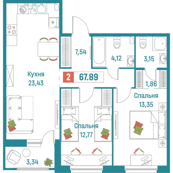Планировка 2 комн. в ЖК "Графика"