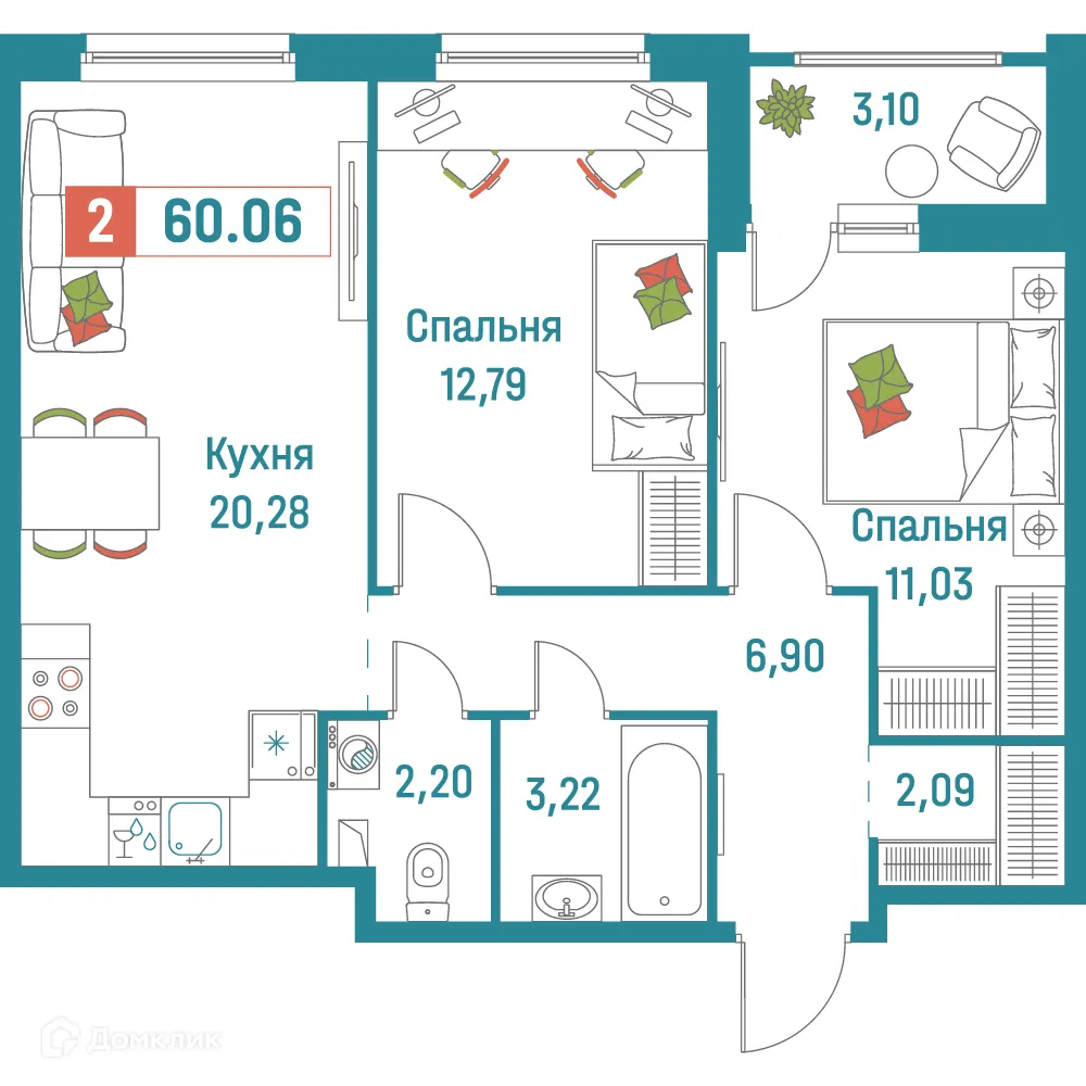 Планировка 2-комнатной квартиры 60.06 м² в ЖК "Графика", г. Мурино — фото 1