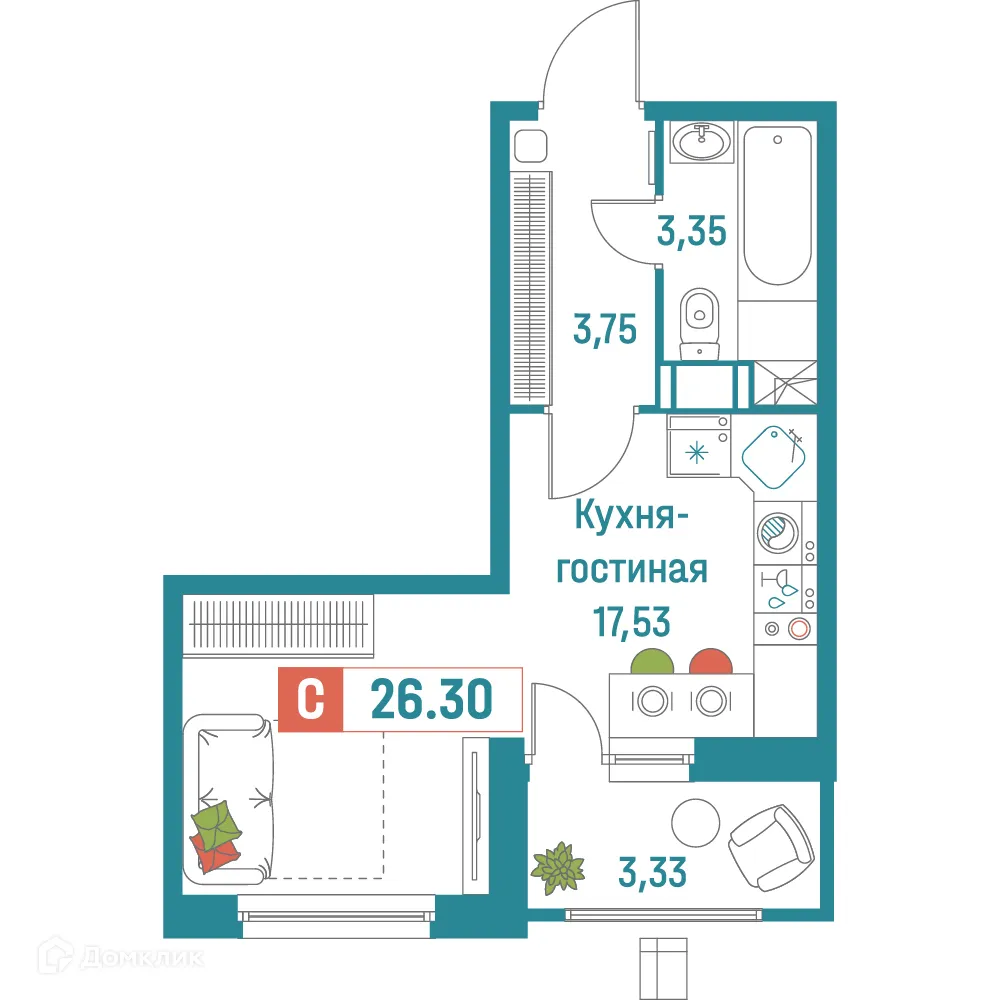 Планировка студии квартиры 26.3 м² в ЖК "Графика", г. Мурино — фото 1