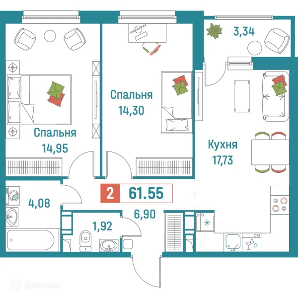 Планировка 2 комн. в ЖК "Графика"