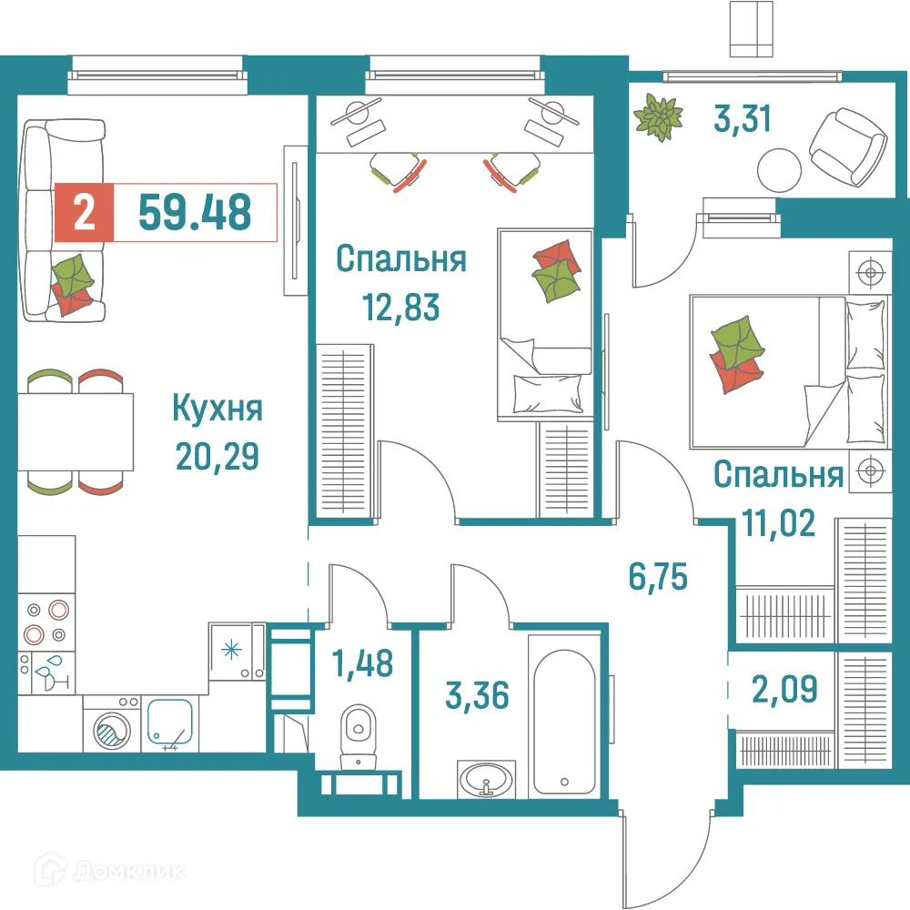 Планировка 2-комнатной квартиры 59.48 м² в ЖК "Графика", г. Мурино — фото 1