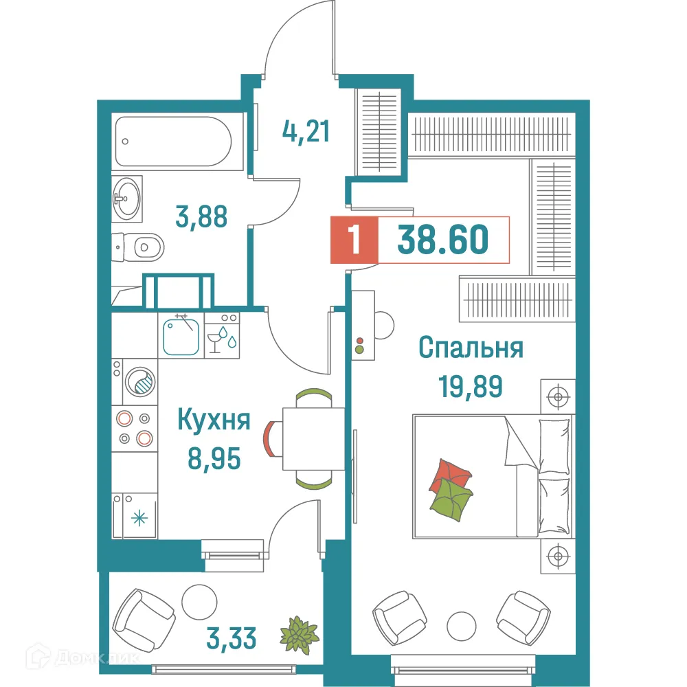 Планировка 1-комнатной квартиры 38.6 м² в ЖК "Графика", г. Мурино — фото 1