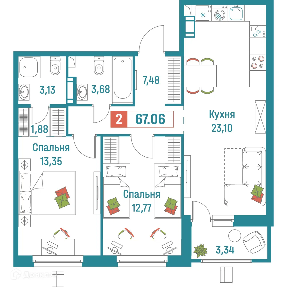 Планировка 2-комнатной квартиры 67.06 м² в ЖК "Графика", г. Мурино — фото 1