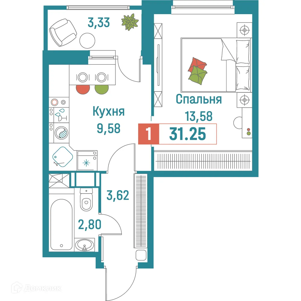 Планировка 1-комнатной квартиры 31.25 м² в ЖК "Графика", г. Мурино — фото 1