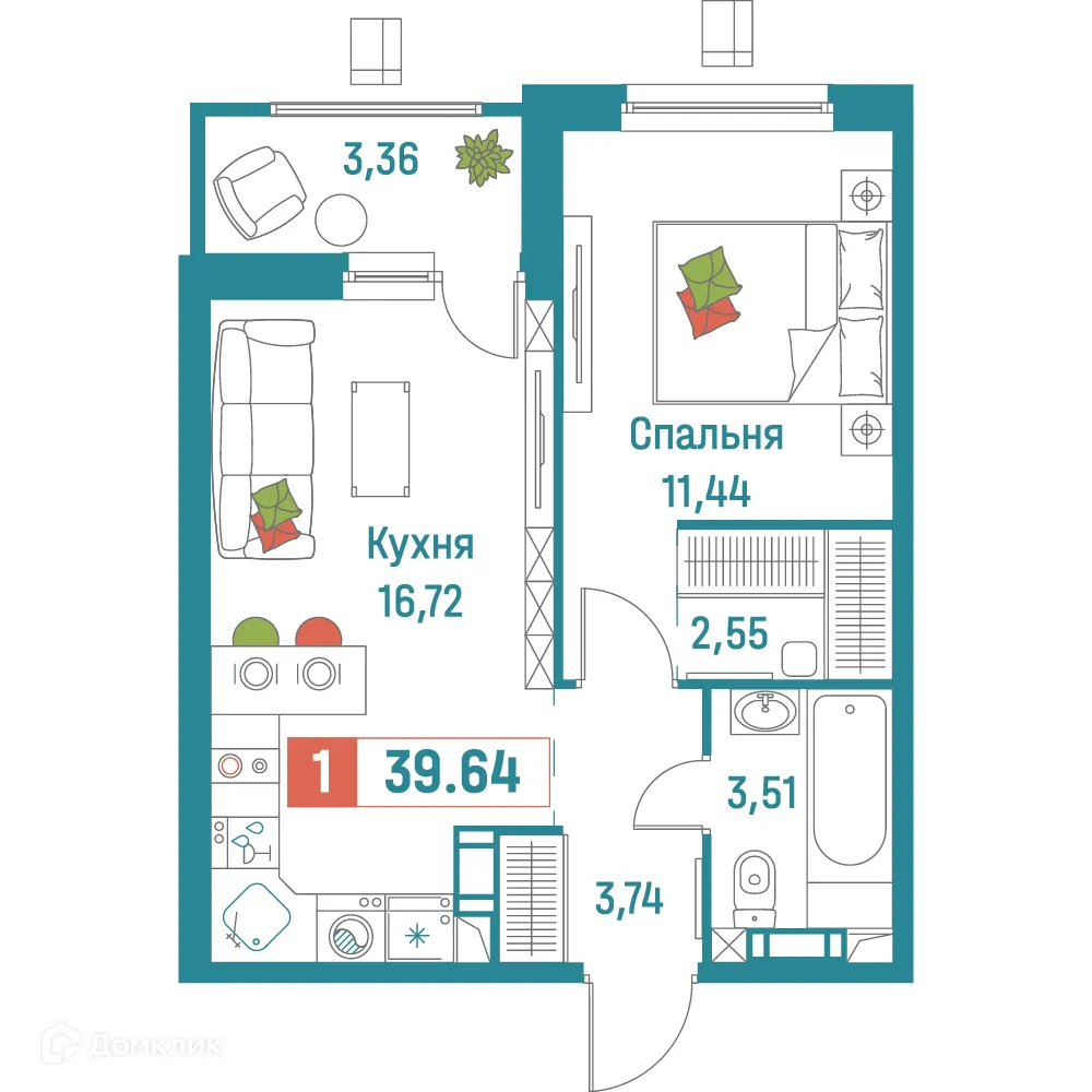 Планировка 1-комнатной квартиры 39.64 м² в ЖК "Графика", г. Мурино — фото 1