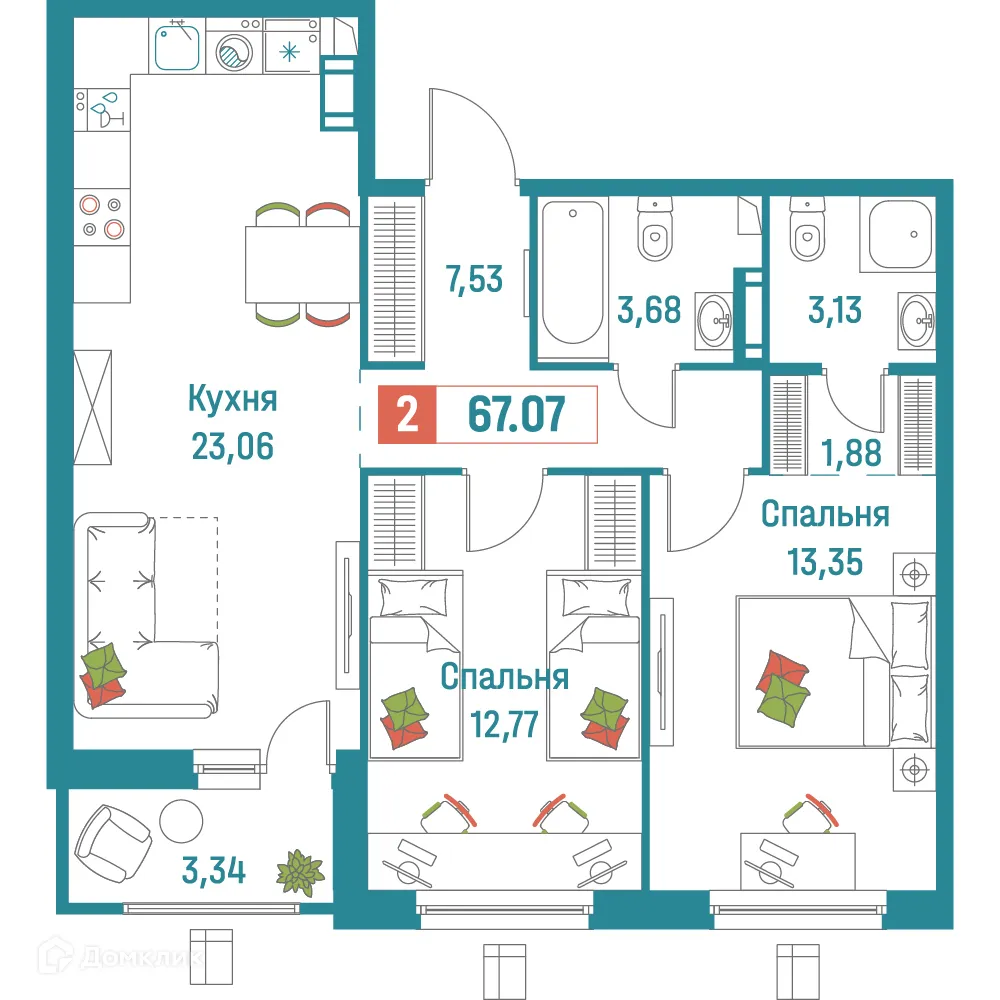 Планировка 2-комнатной квартиры 67.07 м² в ЖК "Графика", г. Мурино — фото 1