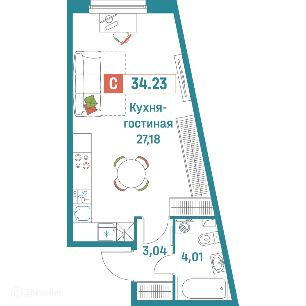 Планировка студии квартиры 34.23 м² в ЖК "Графика", г. Мурино — фото 1