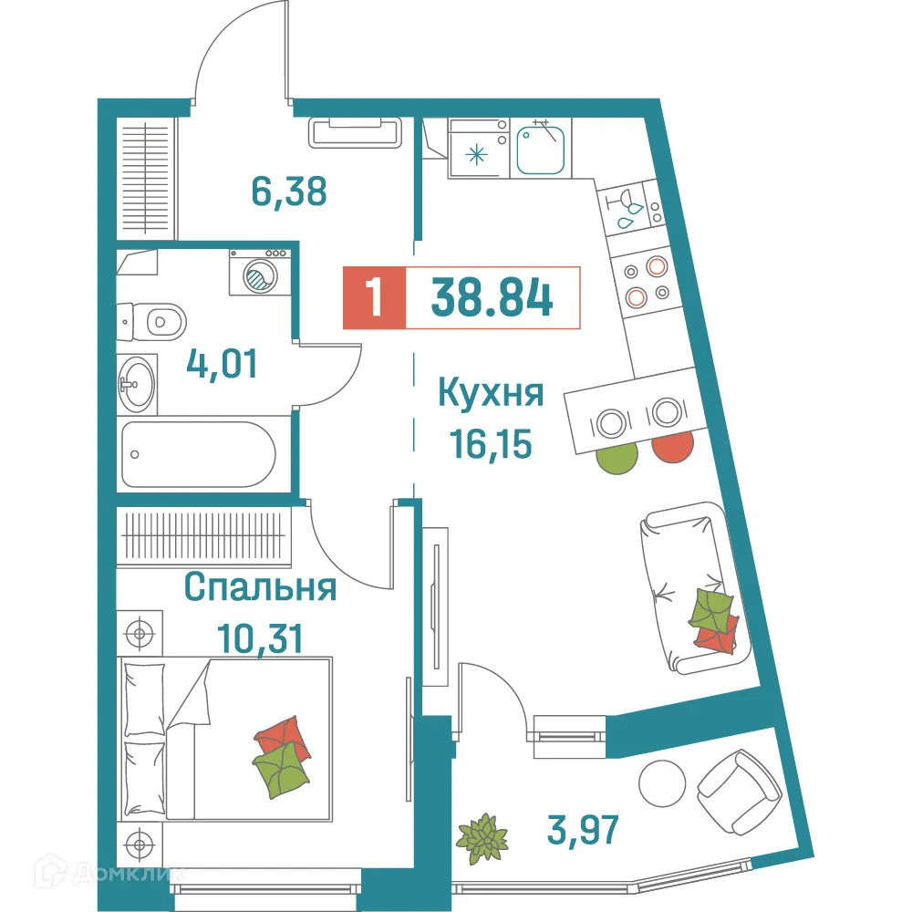 Планировка 1-комнатной квартиры 38.84 м² в ЖК "Графика", г. Мурино — фото 1