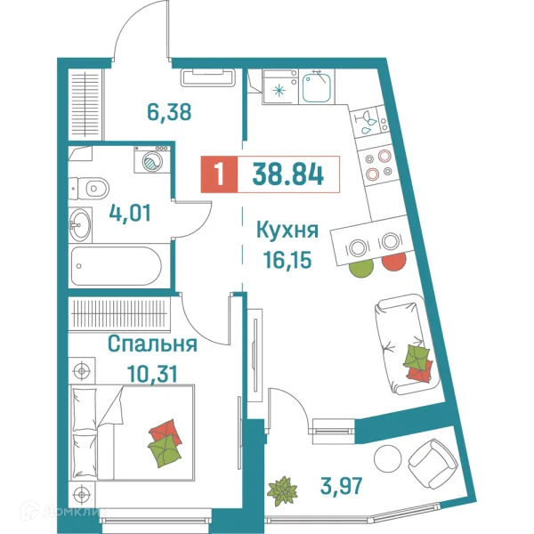 Планировка 1 комн. в ЖК "Графика"