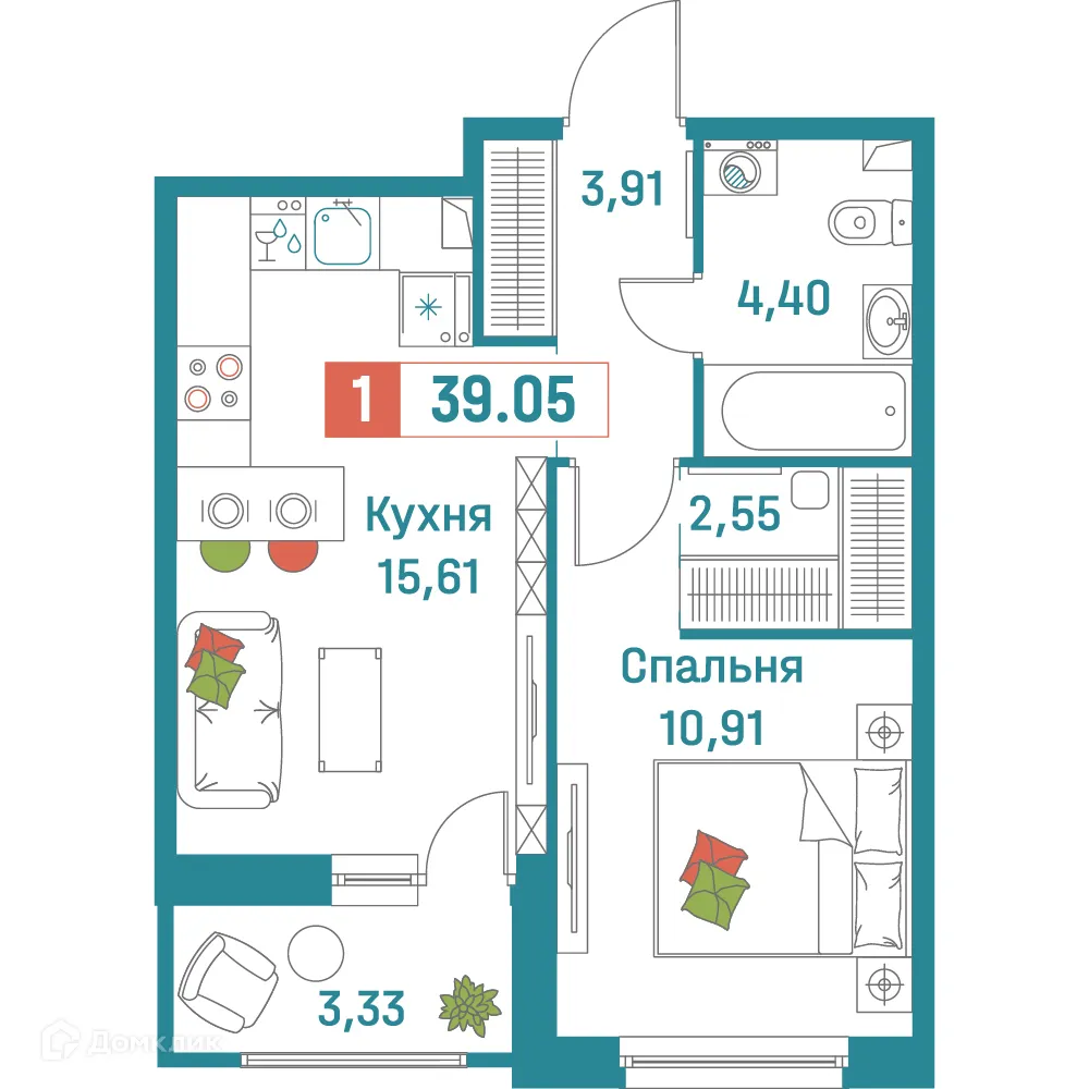 Планировка 1-комнатной квартиры 39.05 м² в ЖК "Графика", г. Мурино — фото 1