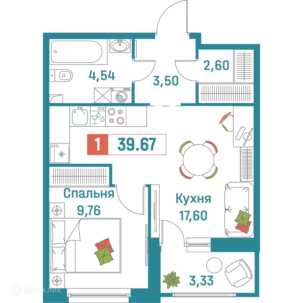 Планировка 1-комнатной квартиры 39.67 м² в ЖК "Графика", г. Мурино — фото 1