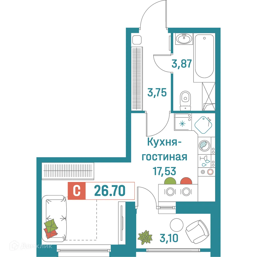 Планировка студии квартиры 26.7 м² в ЖК "Графика", г. Мурино — фото 1