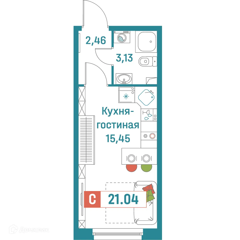 Планировка студии квартиры 21.04 м² в ЖК "Графика", г. Мурино — фото 1