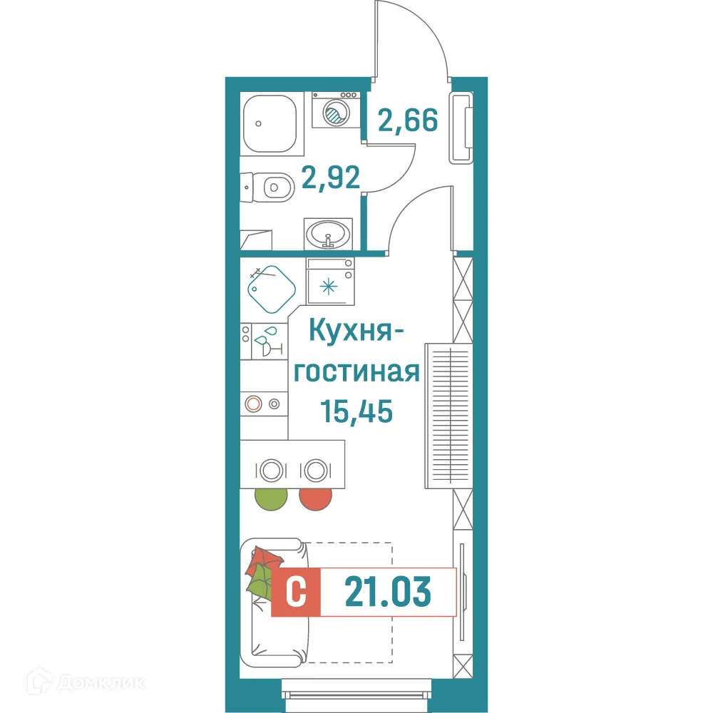 Планировка студии квартиры 21.03 м² в ЖК "Графика", г. Мурино — фото 1