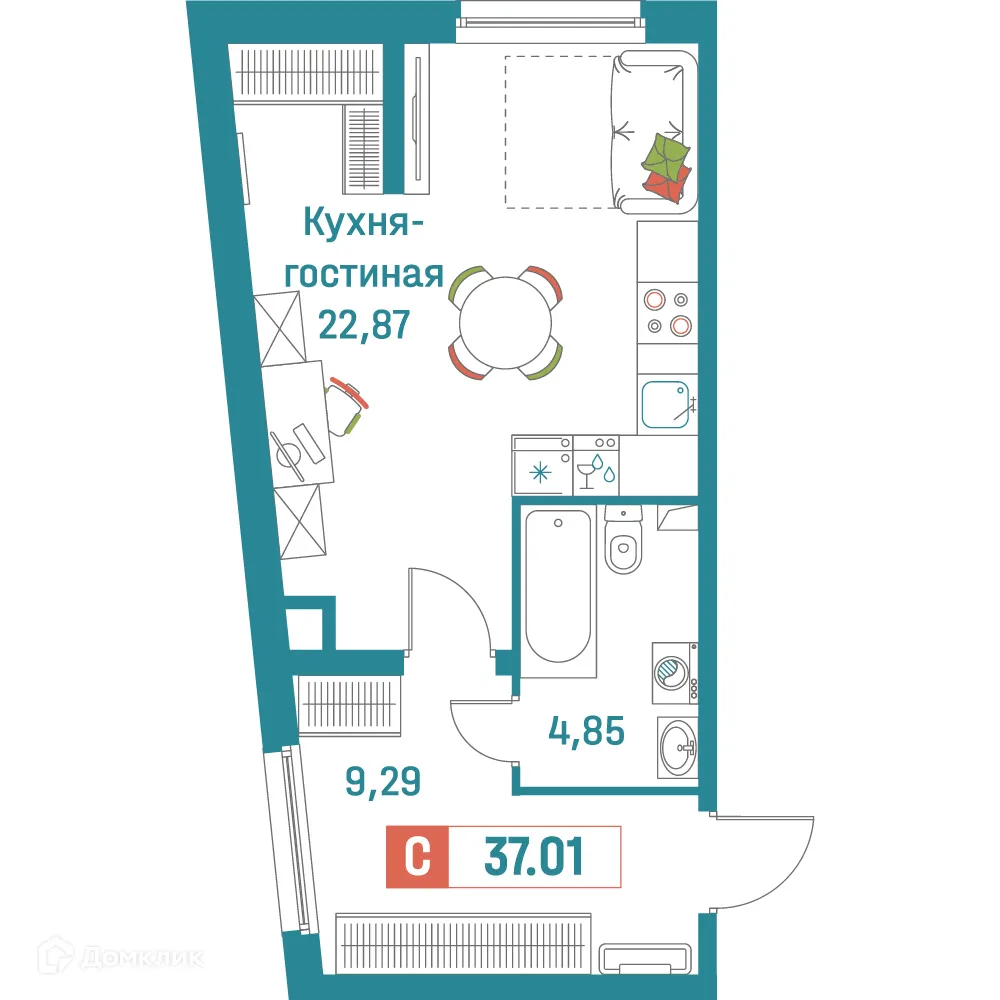 Планировка студии квартиры 37.01 м² в ЖК "Графика", г. Мурино — фото 1